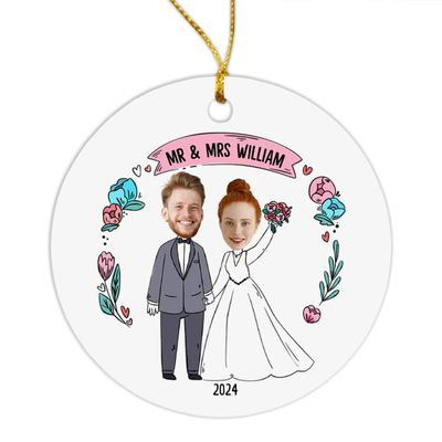 Mr & Mrs Ornament Christmas 2025, Personalized Marriage Ornament with Photo, Customized Wedding Anniversary Ornament Christmas with Name & Year, Gift for Couple, Newlywed Ornament, Just Married Decor