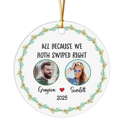 All Because We Both Swiped Right Ornament, Customized Online Dating Ornament Christmas 2025, Personalized Couple Name Year Ornament, Custom Photo Couple Online Ornament Xmas for Boyfriend Girlfriend