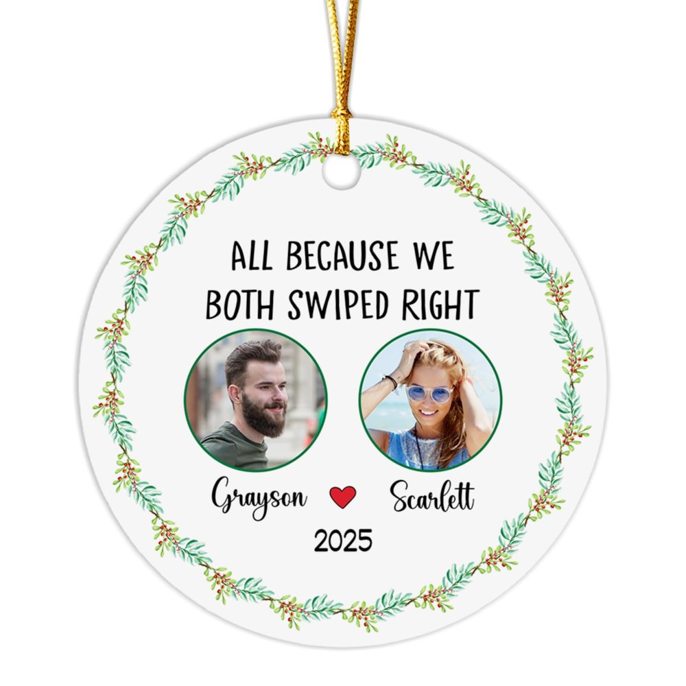 All Because We Both Swiped Right Ornament, Customized Online Dating Ornament Christmas 2025, Personalized Couple Name Year Ornament, Custom Photo Couple Online Ornament Xmas for Boyfriend Girlfriend
