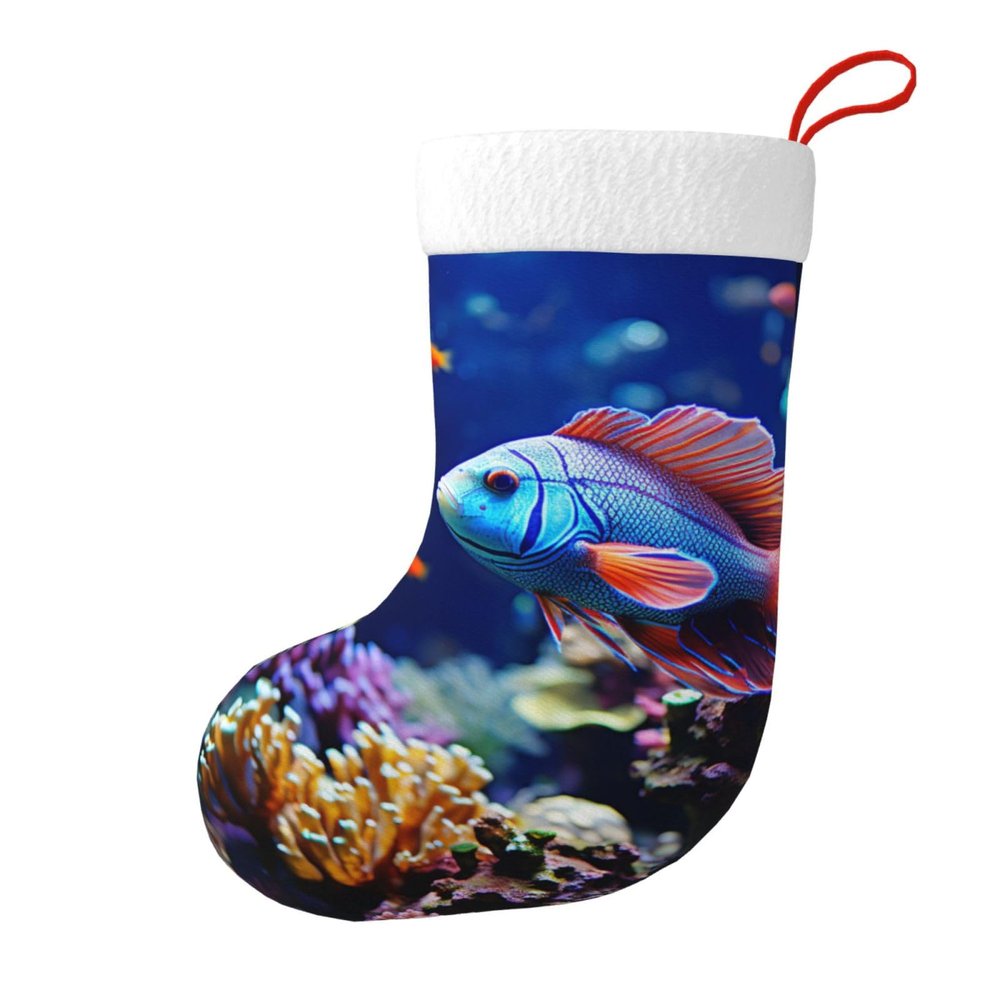 HCBPWVQA Coral Reef Fish Aquarium Christmas Stockings Personalized Family Xmas Stockings with White Plush Trim Xmas Hanging Stocking Holiday and Farmhouse Stocking for Christmas Decoration