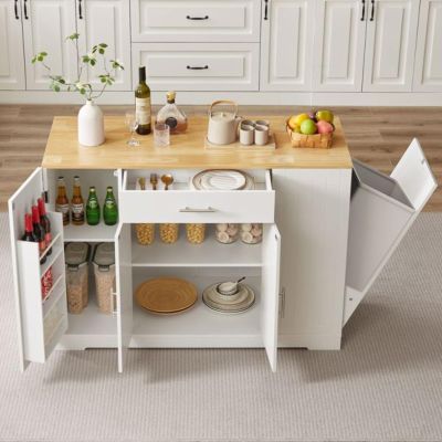 RENPINYOUX Stylish 53" Large Kitchen Island, Breakfast Bar Cabinet with Trash Can Storage with Drawers and Adjustable Shelves, Holds 13 Gallon Trash Cans, Black and Oak