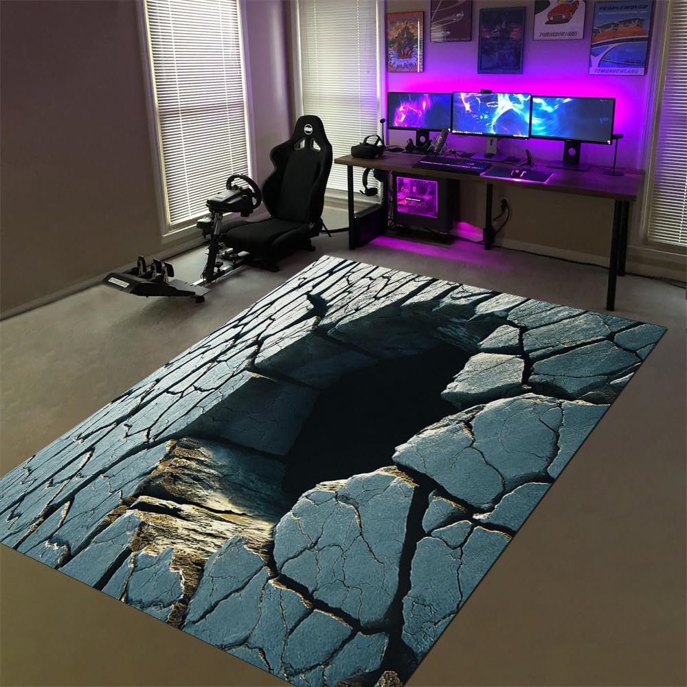3D Vortex Illusion Rug - 4x6ft Cracked Stone Grey Carpet for Living Room & Game Room