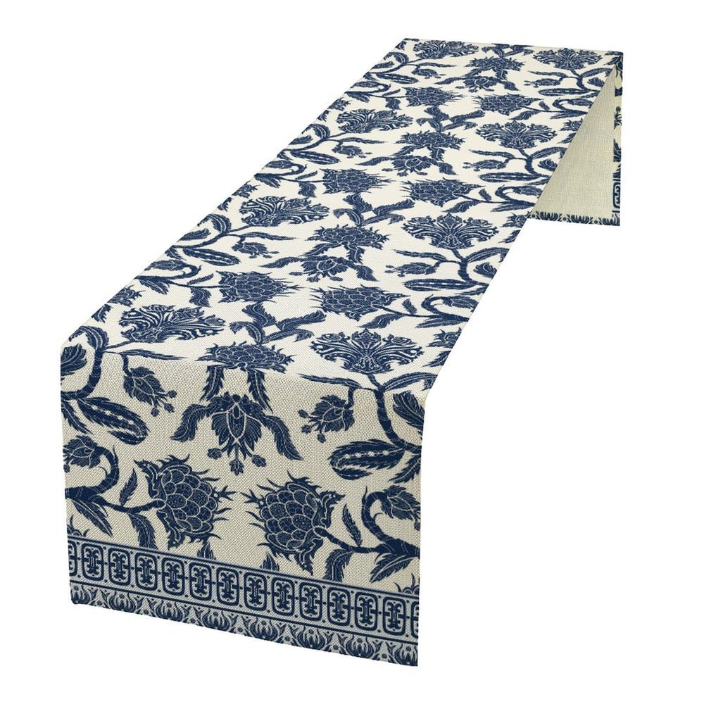 JanJCurt Chinoiserie Table Runner, Asian Chinese Blue Ceramic Japanese Branches Flowers Table Runner for Farmhouse Kitchen Dining Table Home Party Decor, 13x120inch