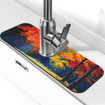 Ouqiuwa Fall Maple Trees Sink Splash Guard Faucet Mat 15" X 5.5", Autumn Forest Faucet Suction Pad 1 PC, Funny Printed Drip Catcher Tray Drying Mat for Home Bathroom Kitchen Counter