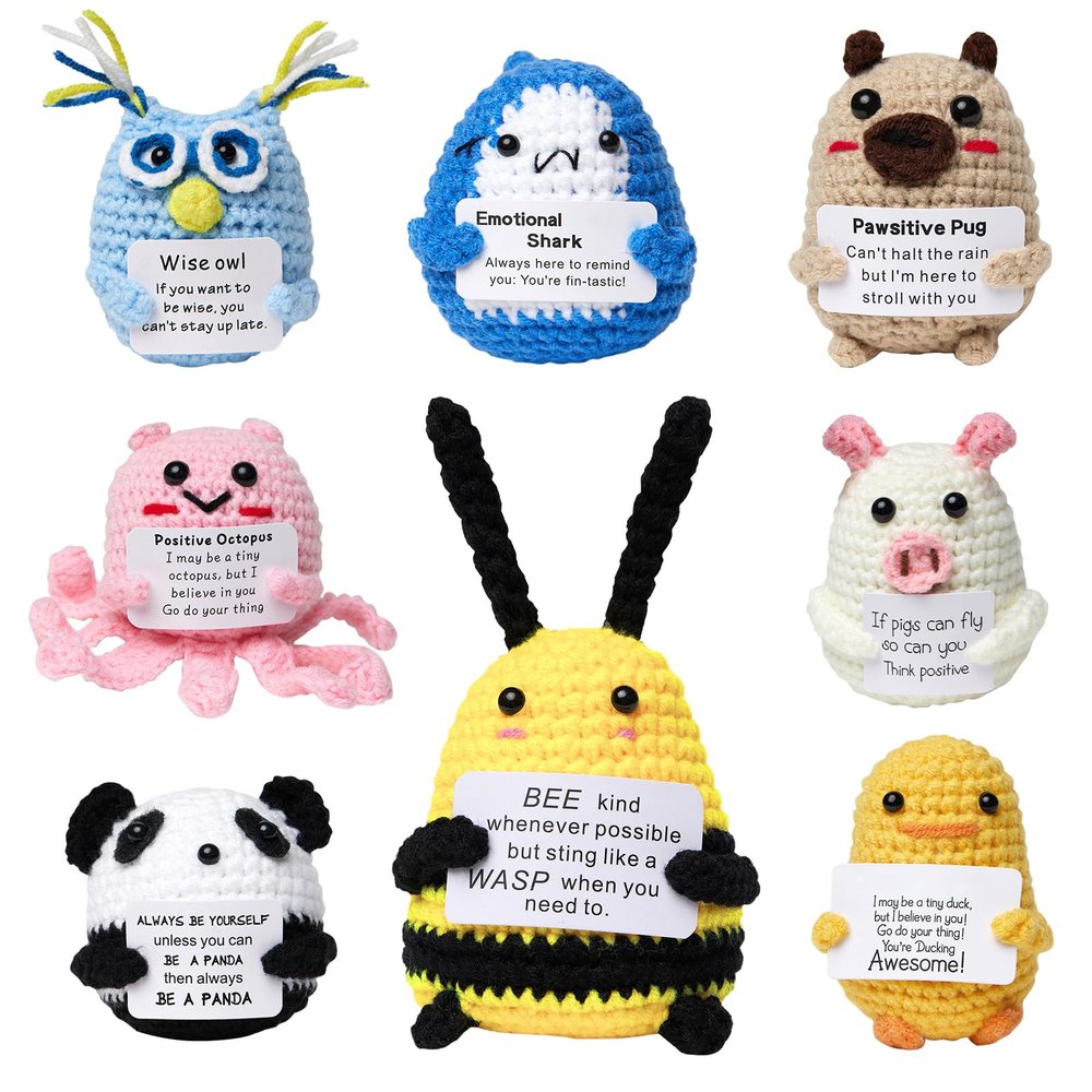 drakloak Mini Positive Crochet Animals, Graduation Gifts for Her,Emotional Uplifting Support Positive Pig Shark Pug Panda Owl Duck Octopus with Card,Positive Gifts for Mom Graduation