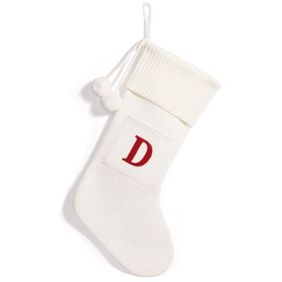 Christmas Stockings with Initials, Monogrammed Christmas Stockings, Family Initial Xmas Stockings, Large Embroidered Letter Knit Stocking for Family Holiday Decorations and Xmas Gift 20X42CM (D,White)