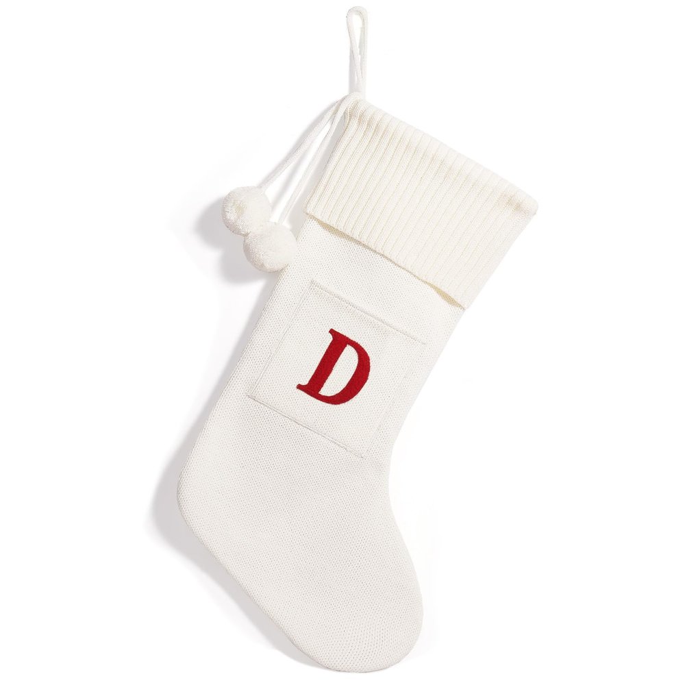Christmas Stockings with Initials, Monogrammed Christmas Stockings, Family Initial Xmas Stockings, Large Embroidered Letter Knit Stocking for Family Holiday Decorations and Xmas Gift 20X42CM (D,White)