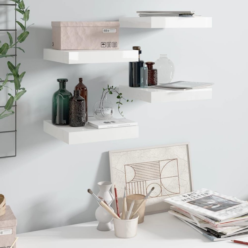 MINERWALL Floating Wall Shelves 4 pcs High Gloss White 9.1"x9.3"x1.5" MDF,Modern Floating Wall Shelves for Home Decor and Storage Invisible Mounting Set of 4 Wall Shelves, Shelving