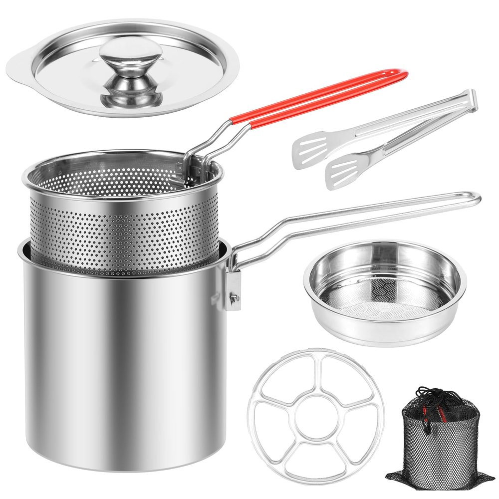 Deep Fryer Pot with Strainer Basket Stainless Steel Deep Frying Pot with Handle Good Heat Conductivity Oil Fryer Pot Portable Deep Frying Oil Container (Style3)