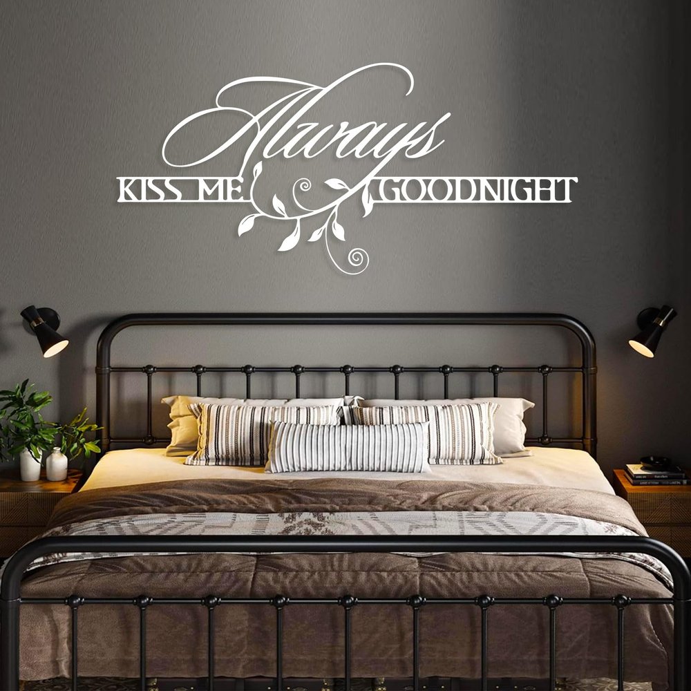 Always Kiss Me Goodnight Metal Wall Art, Love Quotes Metal Wall Decor, Romantic Wall Art, Metal Words Wall Decor, Kiss Wall Art, Above Bed Wall Decor, Wall Hanging, Couple Gifts (White, 24"x11" | 60x28cm)