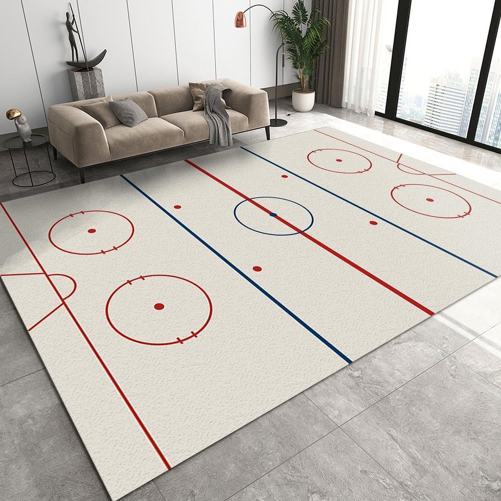 KIRESEI Area Rugs 6x9ft, Simple Ice Hockey Rink Outline Rugs for Living Room, Fashion Ice Hockey Stadium Nursery Rug with Under Rug Non Slip Tape for Bedroom Kids Room