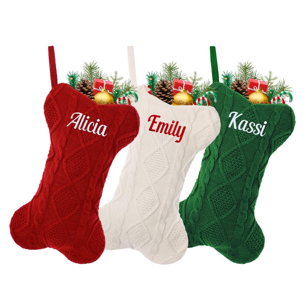 ZGCYSMHT Personalized Dog Christmas Stocking, Custom Bone Shaped Knitted Christmas Stocking, Large Pet Hanging Christmas Stocking(1 Pack)