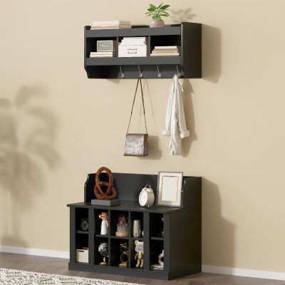 BAIESTWANG Shoe Rack Bench with Shelves and 4 Hooks, Elegant Hall Tree with Mounted Coat Rack, Shoe Storage Organizer for Entryway Bedroom Living Room Hallway Entrance Mudroom, Black