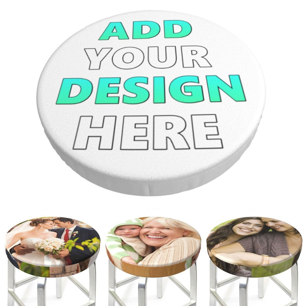 Pzwqkyn Custom Round Bar Chair Cushion Cover Personalized Add Your Photo Text Logo Stool Covers Customize Elastic Washable Stool Seat Cover 12 in, White