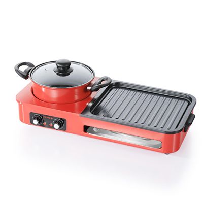 Hot Pot with Grill, Electric Hot Pot and Electric Grill, Detachable Shabu Shabu Pot with Grill, Indoor NonStick BBQ Grill, Dual Temperature Control(Red)