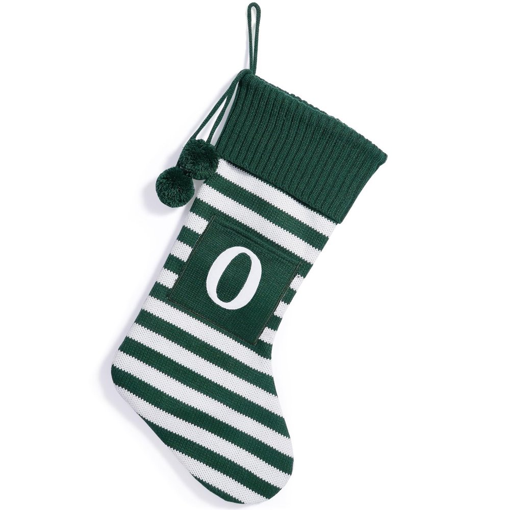 Christmas Stocking Knit Initial Christmas Stockings for Family Farmhouse Stripe Monogram Letter Christmas Stockings Christmas Decorations Gift Stocking Personalized Stocking 20X42CM (O,Green)