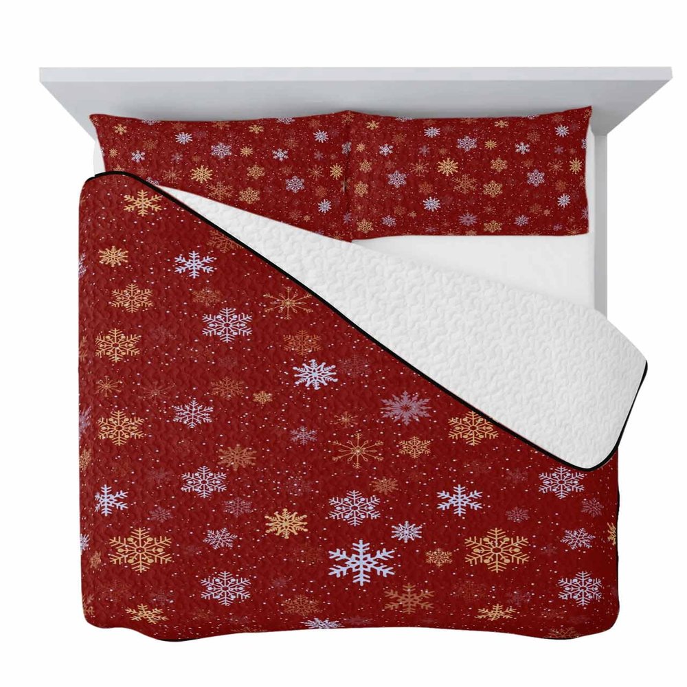 Snowflake Red Quilt Twin XL Bedding Set, Christmas Winter Boho Gold White Dot Lightweight Summer Quilt with Pillow Shams 3 Pieces Microfiber Soft Quilt Set Bedspread Coverlet for All Seasons