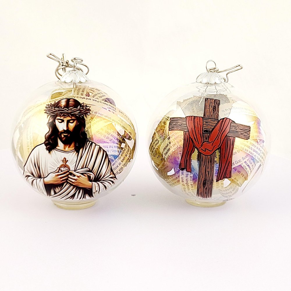 3.15'' Sacred Heart of Jesus & Cross Ornaments Handcrafted Pearlized Bible Spheres, Religious Keepsake, 2PC Decorative Set for Christian for Christmas Tree for Holiday, Thanksgiving 2025