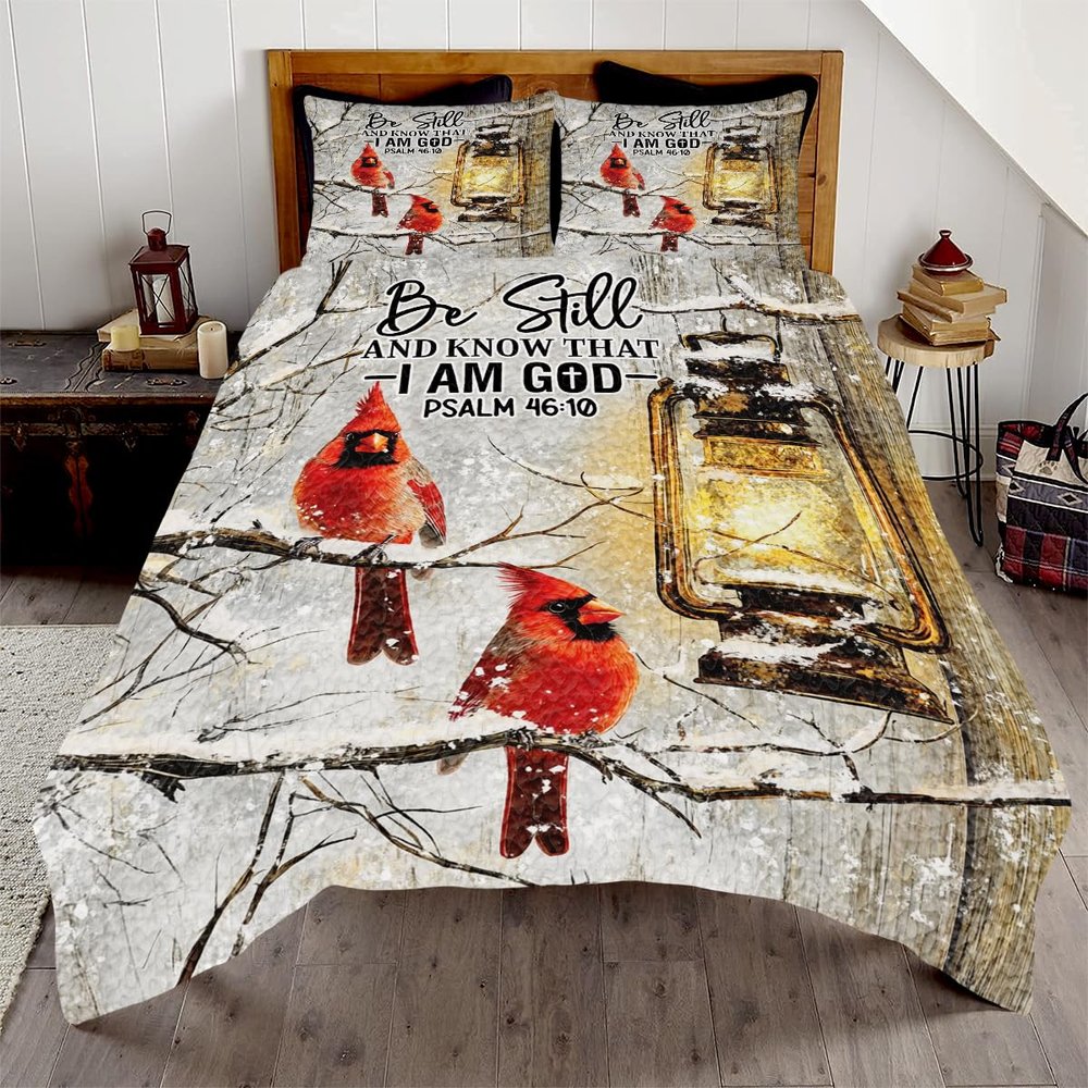 Personalized Cardinal Quilt - Red Cardinal Quilt Set Christmas Quilt, Cardinal Bedding Queen Christmas Quilt with Cardina (Be Still and Know That I'm God)