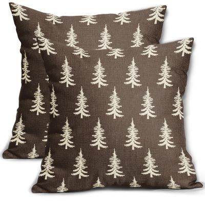 Christmas Pillow Covers 16x16 Set of 2 Dark Brown Xmas Tree Rustic Style Winter Print Decorative Outdoor Pillowcases Farmhouse Vintage Holiday Decorations Throw Cushion Case Decor for Couch Sofa Bed