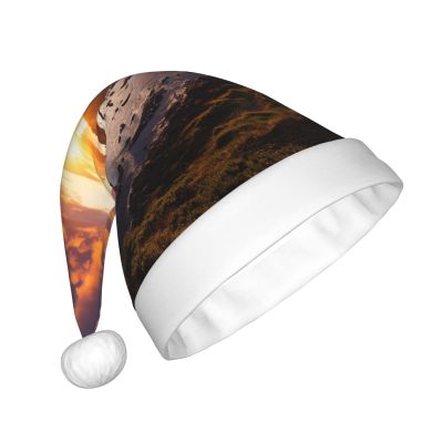 HCLYvexiria Santa Hat for Adults Plush Christmas Hat Beautiful Sunrise Xmas Hats Soft Santa Hat with Pompom