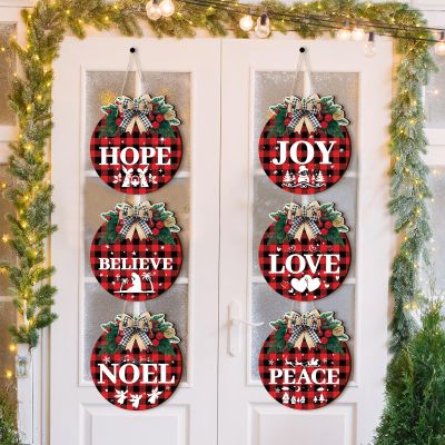 6Pcs Christmas Wreaths for Front Door, 11" Buffalo Plaid Christmas Joy Sign with Nativity Scene Rustic Plastic Hanging Door Decorations for Jesus Xmas Home Wall Porch Decor Holiday Party Supplies