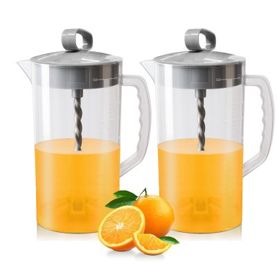 2 Pcs Mixing Pitcher for Drinks, 2 Quart/64oz Plastic Water Pitcher with Lid, Angled Plastic Blades and Adjustable Mixer Plunger for Juice, Tea, Milk, Beverage Container