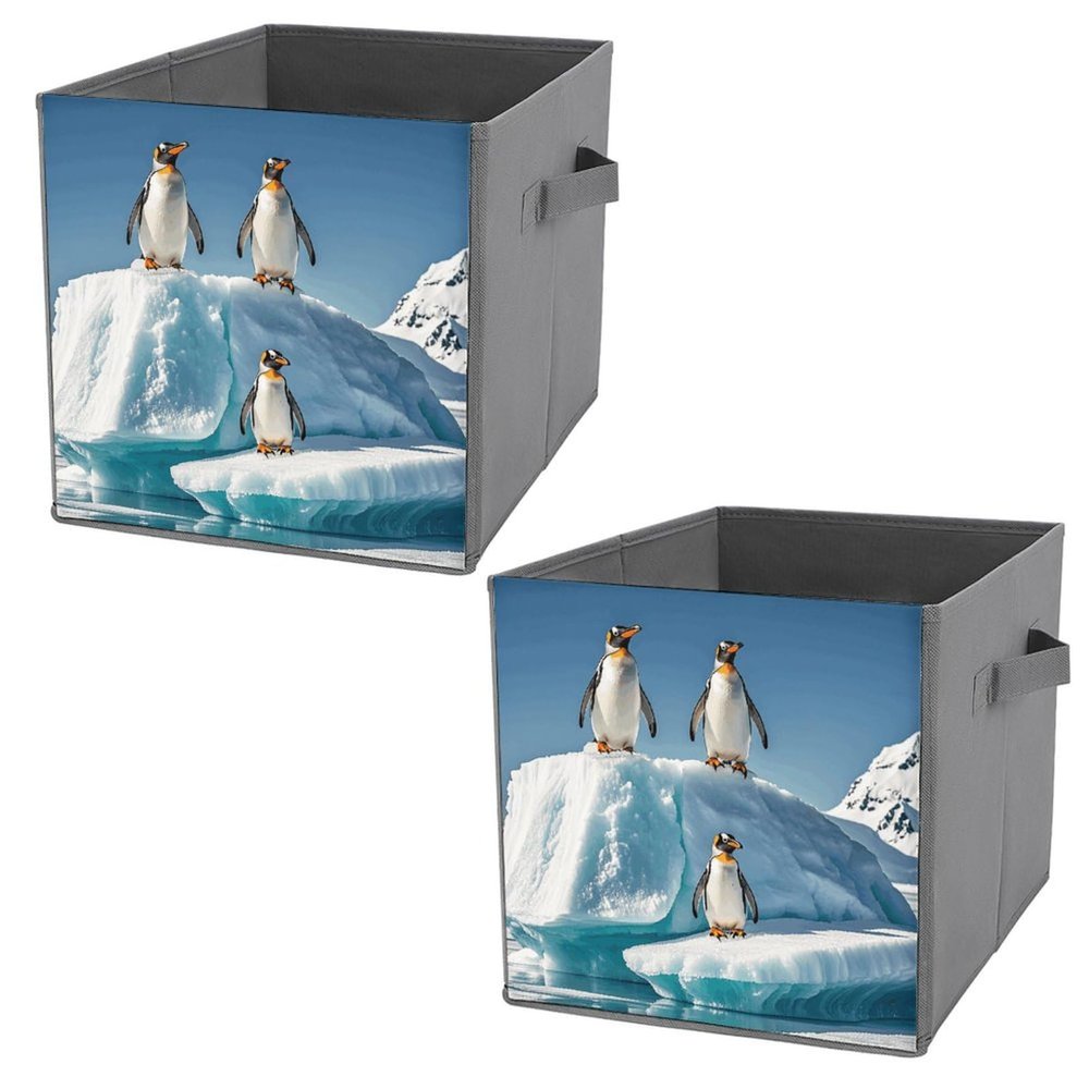VFKLT Folding Storage Bins, Cute Penguins On The Iceberg Printed Storage Boxes Cube Storage Organizer Large Capacity Home Multi Functional Storage Box for Bedroom Living Room Office 2PCS