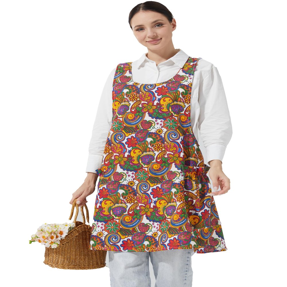 APRONNER Cozy Adjustable Cross Back Aprons for Women with Pockets Cotton Linen Cooking Kitchen Baking Flaming Flowers