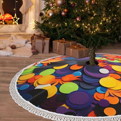 Christmas Tree Skirt 36" Tassels Xmas Tree Skirt Color Decorative Pattern Tree Skirt Christmas Tree Mat for Holiday Xmas Tree Base Cover for New Year Deco