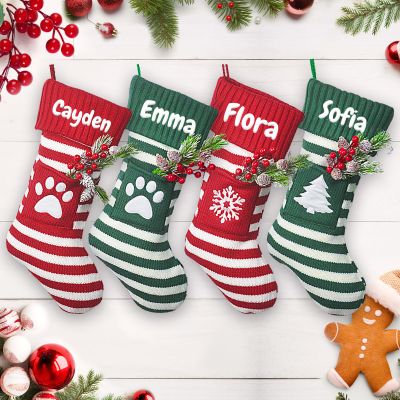 Set of 4 Personalized Knitted Christmas Stocking with Name, Christmas Trees Snowflake Paw Custom Needlepoint Stockings Set, Embroidery Customized Keepsake Christmas Holiday Decorations for Family