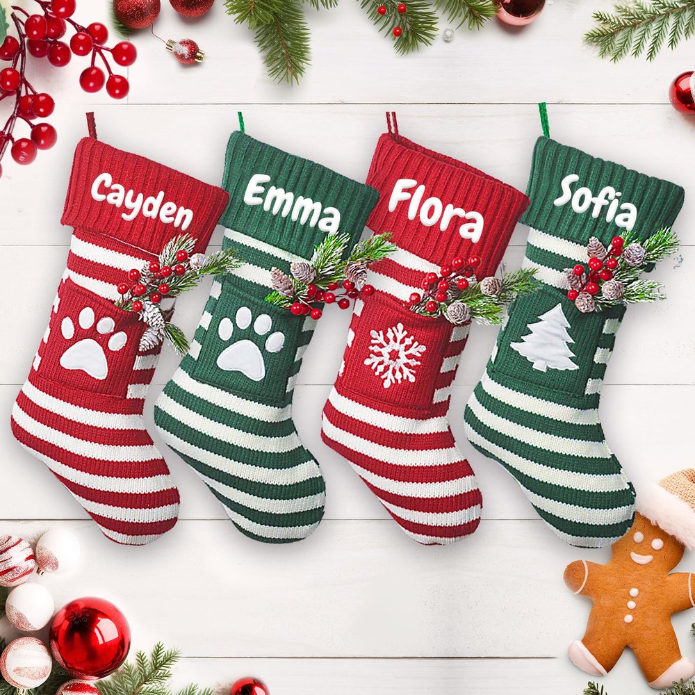 Set of 4 Personalized Knitted Christmas Stocking with Name, Christmas Trees Snowflake Paw Custom Needlepoint Stockings Set, Embroidery Customized Keepsake Christmas Holiday Decorations for Family