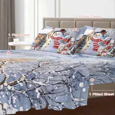 King Bed Sheets and Pillowcase Set, Christmas Xmas Tree Night Snowman Winter Robin Bird Ultra-Soft Cooling Bed Flat Sheet, Deep Pocket Fits 15.8" Mattress - Comfortable Wrinkle Free Sheets 4 Piece