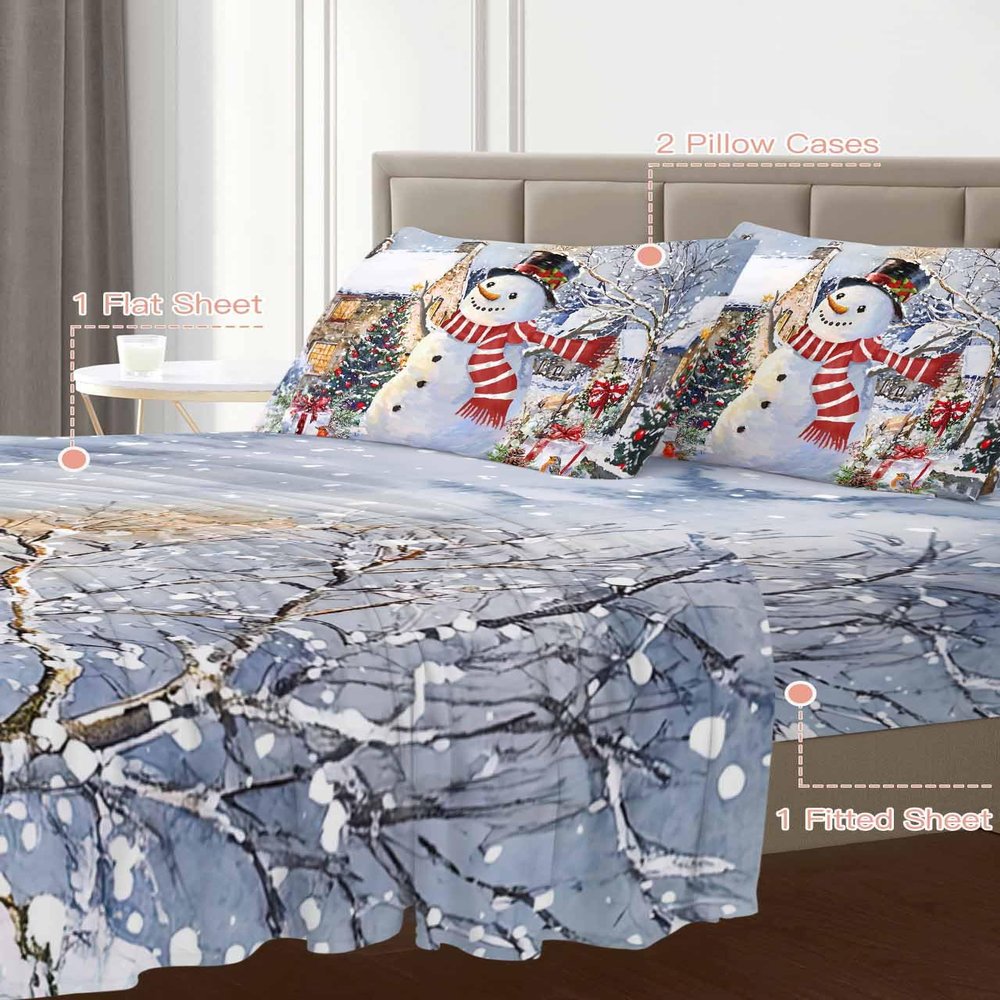 King Bed Sheets and Pillowcase Set, Christmas Xmas Tree Night Snowman Winter Robin Bird Ultra-Soft Cooling Bed Flat Sheet, Deep Pocket Fits 15.8" Mattress - Comfortable Wrinkle Free Sheets 4 Piece