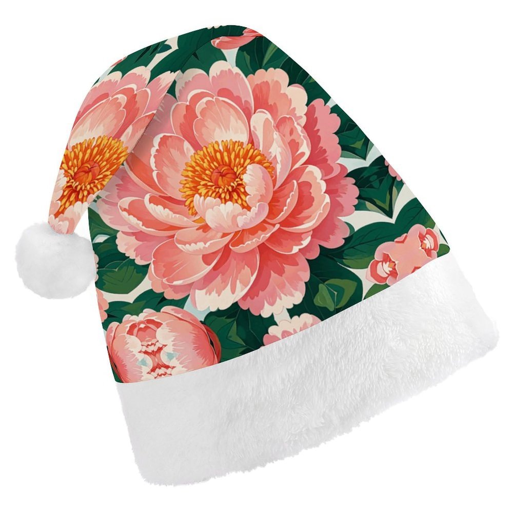 QWNMD Santa Hat Peach Peony Print Printed Christmas Hat Xmas Hat for Adults Men Women Christmas New Year Party Supplies And Gifts