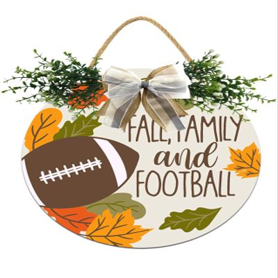 Fall Family And Football Front Door Sign Funny Wreaths Hanging Wooden Plaque Decoration Round Rustic Wood Farmhouse Porch Decor for Home Front Door Decor, 12 x 12 Inch