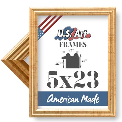 US Art 5x23 Antique Gold 0.87 Inch Wood Picture Frame, Solid Wood Wall Decor for Wall Art, Featuring Preinstalled Hangers, UV Filtering Shatterproof Plexiglass, 100% American Made Poster Frame