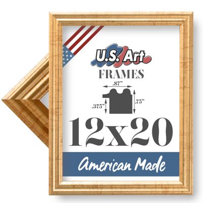 US Art 12x20 Antique Gold 0.87 Inch Wood Picture Frame, Solid Wood Wall Decor for Wall Art, Featuring Preinstalled Hangers, UV Filtering Shatterproof Plexiglass, 100% American Made Poster Frame