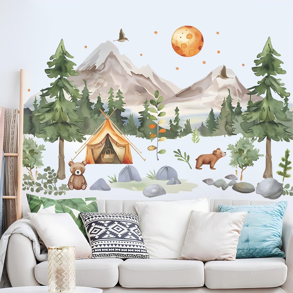 DRWSSR 2 Sheets Removable Cartoon Forest Animals Bear Wall Decals DIY Mountain Tree Wall Decals Pine Tree Wall Decals Vinyl Sun Wall Decals Flying Birds Art Decor for Nursery Kids Room Bedroom Decor