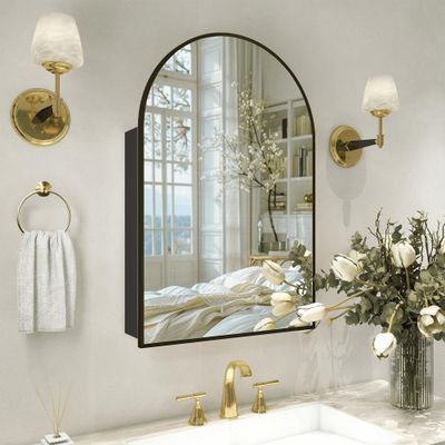 FUNFOLLOW Arched Medicine Cabinet with Mirror,Bathroom Medicine Cabinet with Mirror Wall Mounted,Mirrored Medicine Cabinets with Adjustable Shelves,Not Recessed,24x36 Inch,Black