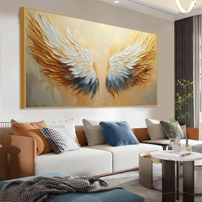 Abstract Angel Wing Canvas Wall Art, Angel Wings Oil Painting on Canvas, Colorful Wing Wall Art, Angel Wings Canvas Print, Large Angel Wings Wall Decor, Living Room Wall Decor (Gold Framed, 59"x33"|150x84cm)
