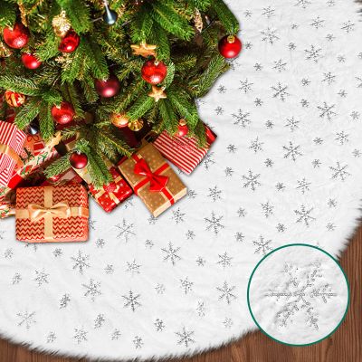 Christmas Tree Skirt Extra Large 72 Inch Thick White Plush Faux Fur Sliver Snowflake Sequin Snow Xmas Tree Skirts Blanket Rug Party for Indoor Holiday Home Garden