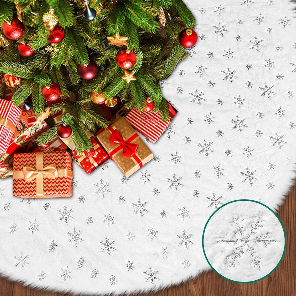 Christmas Tree Skirt Extra Large 72 Inch Thick White Plush Faux Fur Sliver Snowflake Sequin Snow Xmas Tree Skirts Blanket Rug Party for Indoor Holiday Home Garden