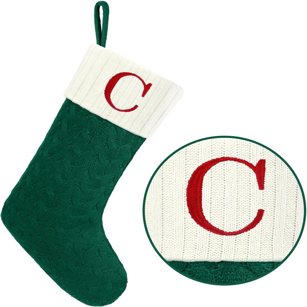 Christmas Stockings with Initials,20 Inches Large Knit Embroidered Letter Green White Christmas Stocking,Monogram Christmas Stocking for Famliy Holiday and Xmas Tree Fireplace (Letter C)