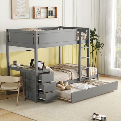 Ball & Cast Twin-Over-Twin Bunk Bed with Twin Size Trundle,Solid Wood Bedframe W/Desk & Drawers,USB,Space Saving,Easy Assembly,Multifunctional Bedroom Furniture Set for Boys Girls Teens,Gray