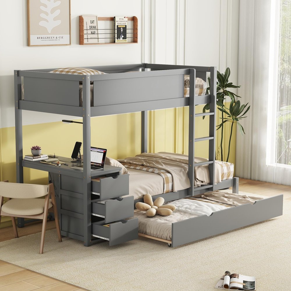 Ball & Cast Twin-Over-Twin Bunk Bed with Twin Size Trundle,Solid Wood Bedframe W/Desk & Drawers,USB,Space Saving,Easy Assembly,Multifunctional Bedroom Furniture Set for Boys Girls Teens,Gray