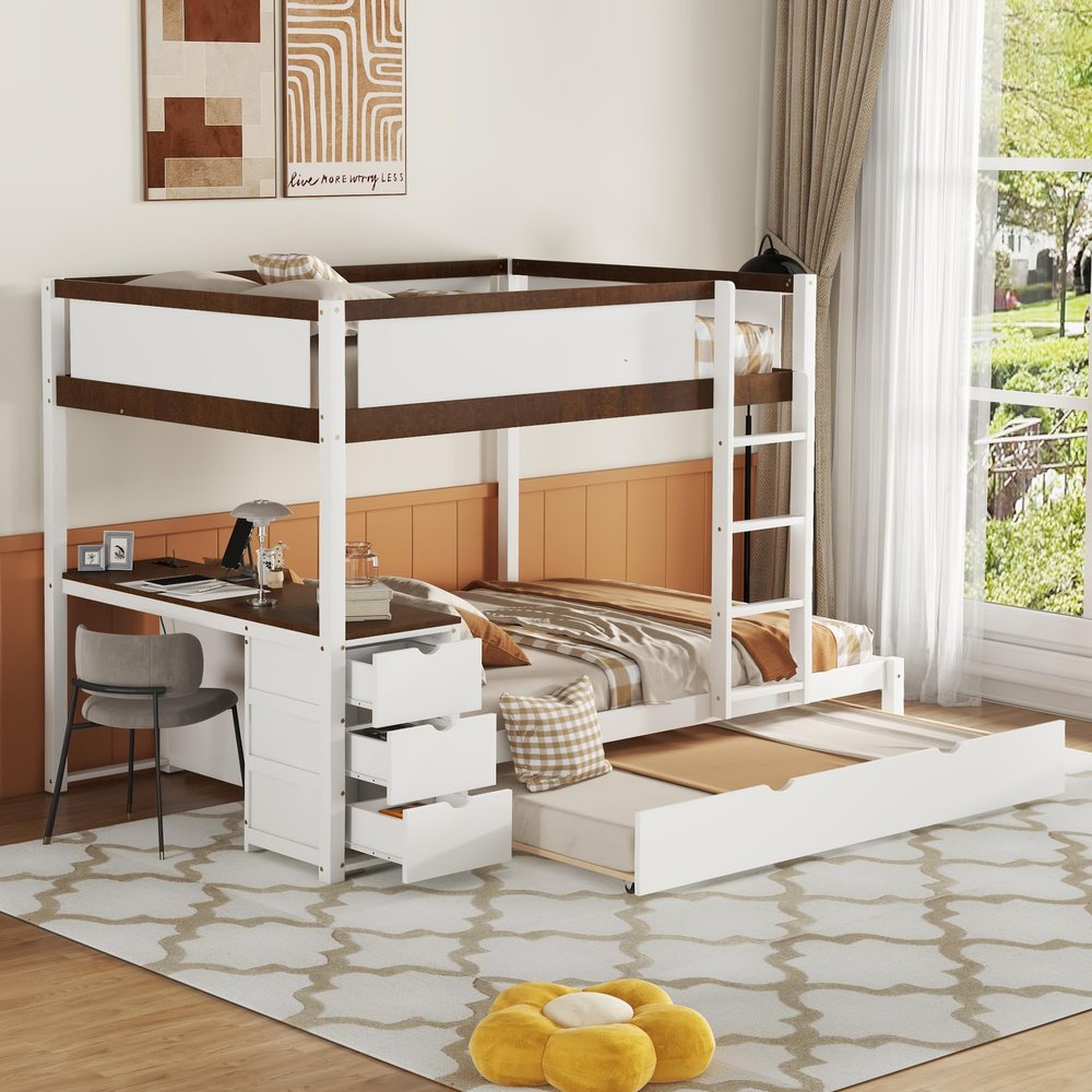 Ball & Cast Full-Over-Full Bunk Bed with Twin Size Trundle,Solid Wood Bedframe W/Desk & Drawers,USB,Space Saving,Easy Assembly,Multifunctional Bedroom Furniture Set for Boys Girls Teens,White+Walnut