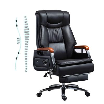 650LBS Big and Tall Office Chair, with Footrest Genuine Leather with Solid Wood High Back Executive Office Chair Rocking Backrest(Cowhide Leather-Black)