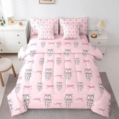 Feelyou Pink Ballet Shoes Comforter Set Queen Size 7 Pieces for Kids Ballet Dance Bed in a Bag Boys Girls Pink Bow Tie Bed Set Includes Comforter, Sheet Set, Pillowcases & Pillow Covers
