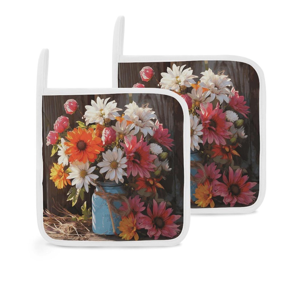 2 Pack Pot Holders for Kitchen Heat Resistant Pot Holders with Pocket Oven Potholders Farm Fresh Flowers Spring Washable Hot Pads for Cooking Baking Oven Pans Trivet 8x8 Inches